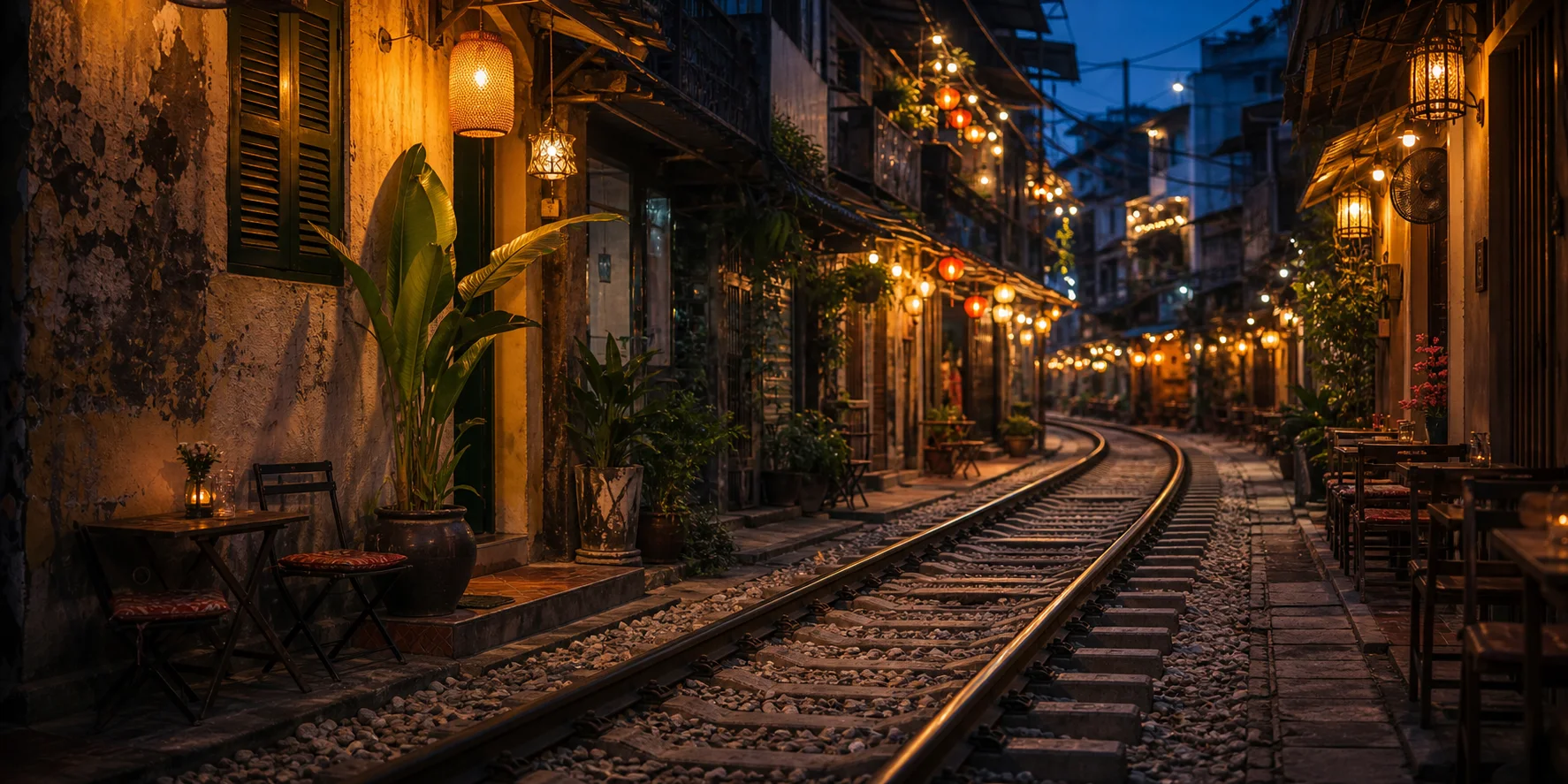 Hanoi Train Street au crépuscule avec lanternes et cafés le long des rails