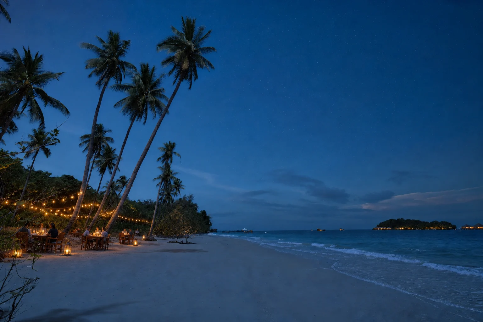 Dîner aux lumières tamisées sur une plage tropicale au crépuscule