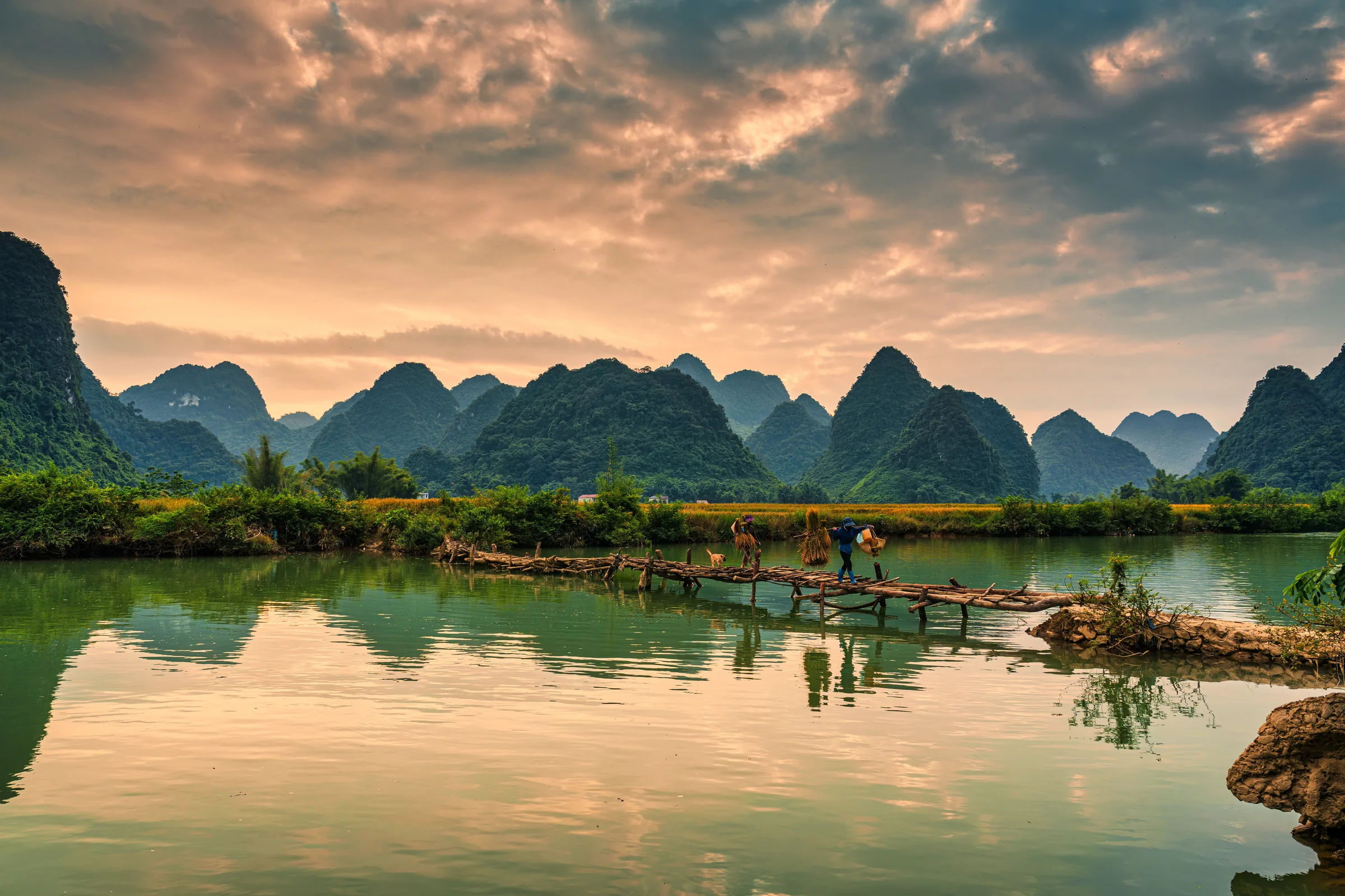 Pont en bois et habitants traversant la vallée de Phong Nam au Vietnam